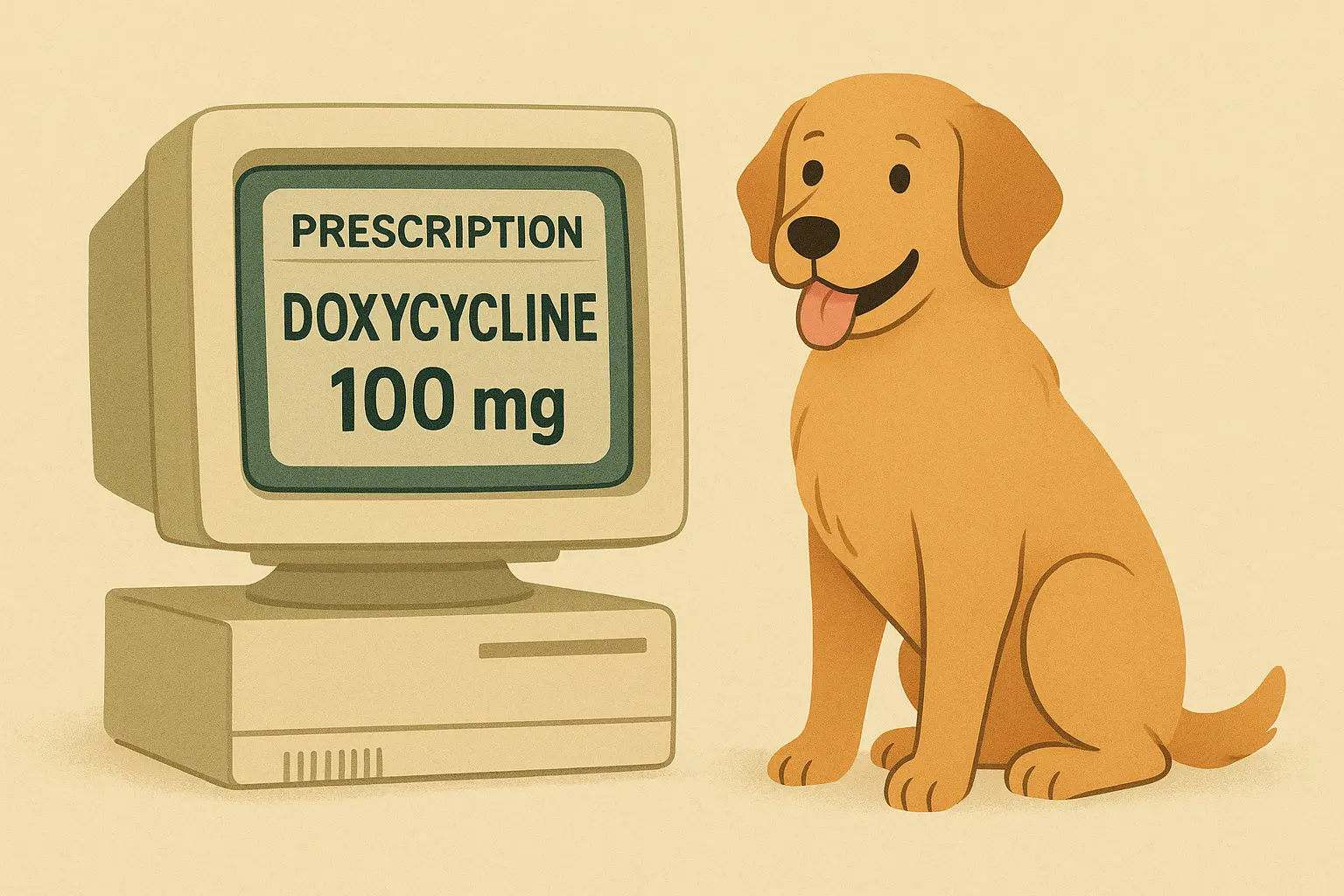 A friendly dog sitting next to a retro-style computer screen showing a Doxycycline prescription.