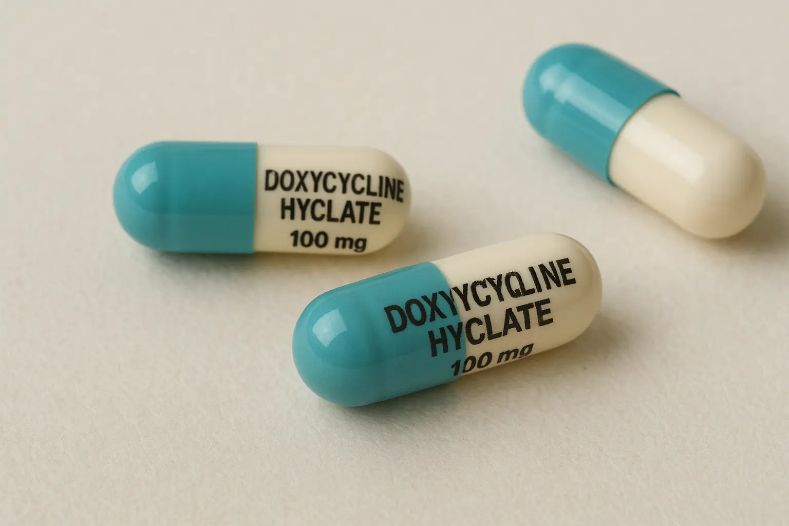 Close-up of Doxycycline Hyclate 100mg capsules.