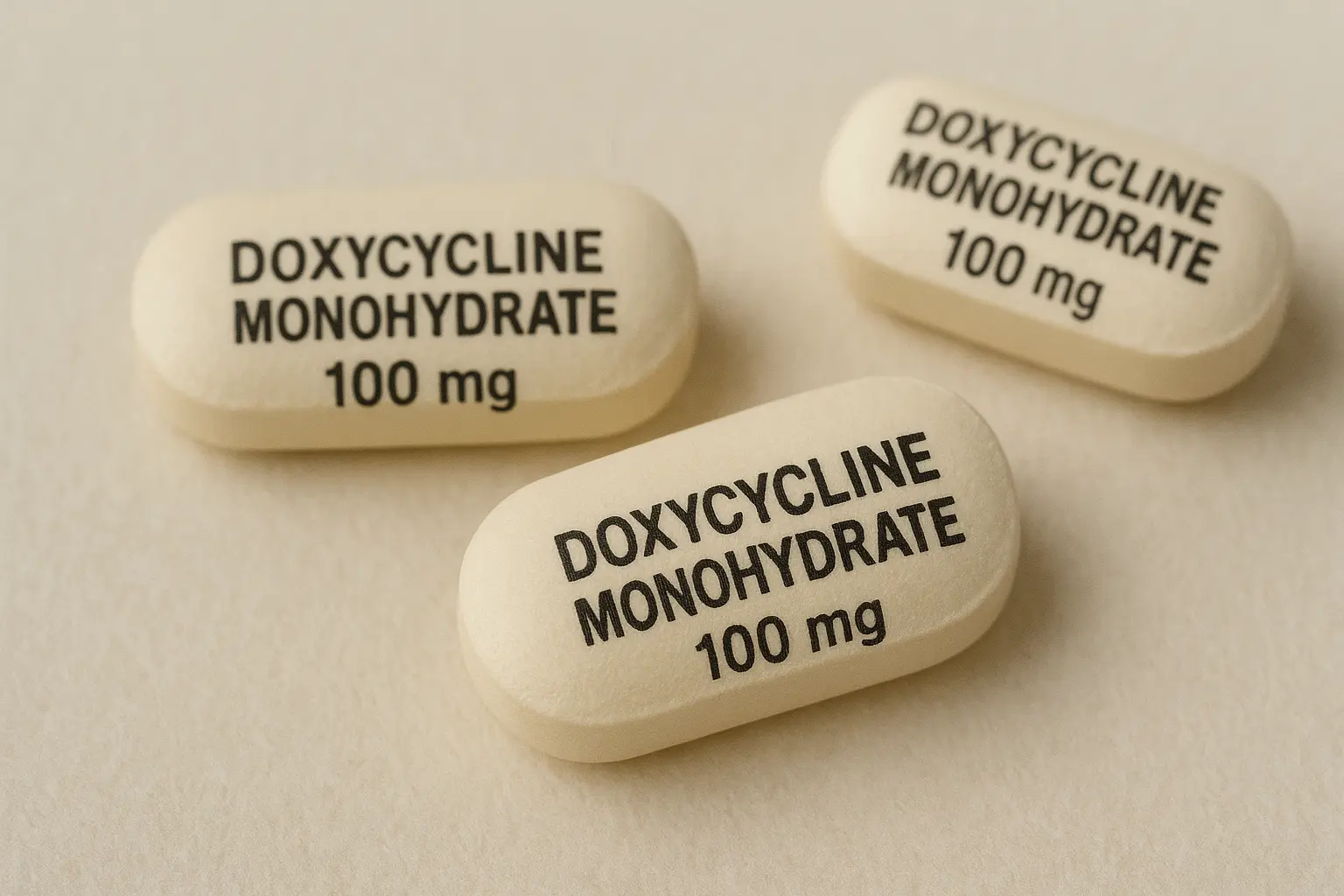 Close-up of Doxycycline Monohydrate 100mg tablets.